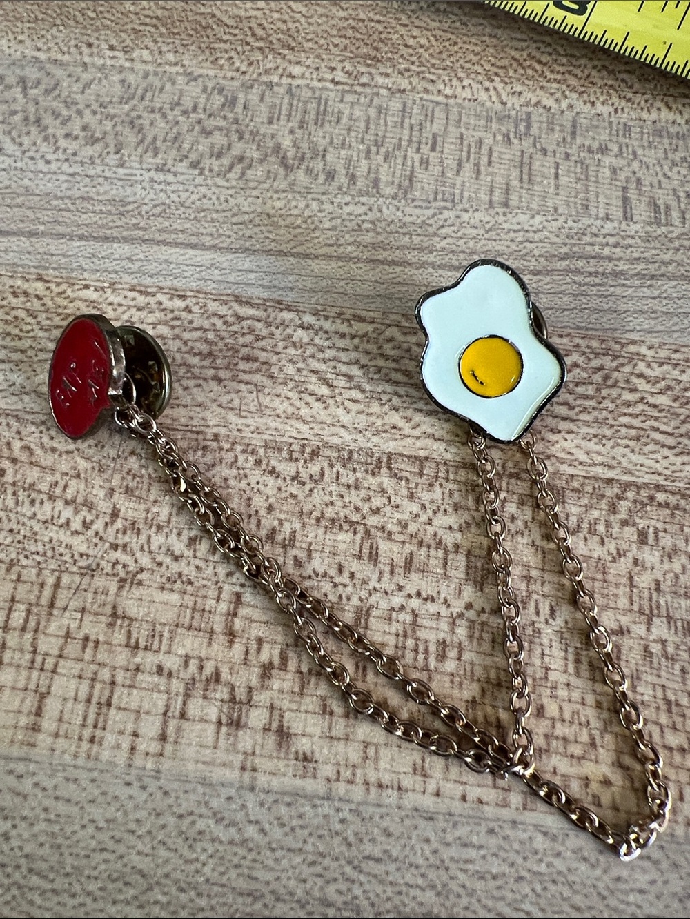 Vintage White and Yellow Egg Brooch Double-Chain Pin with Red Backing